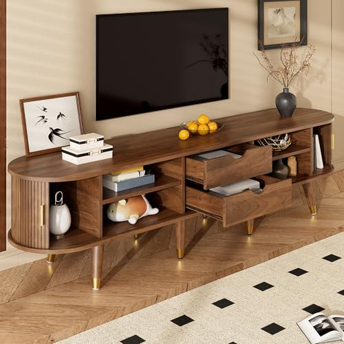 QSOST Rustic TV Unit with Sliding Door – 175cm Long TV Stand Cabinet for Living Room, Country-Style Wooden TV Cabinet with Drawers, Open Shelves & Storage, Light Wood Color, Natural Design (Wood)