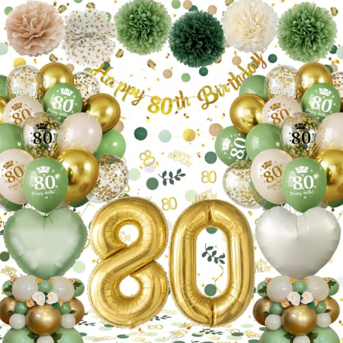 80th Birthday Decorations for Women Men, Green Gold 80th Birthday Balloons | Happy 80th Birthday Banner Decorations, Heart and Number 80 Balloons, Pompoms, Confetti for 80th Birthday Party Decorations