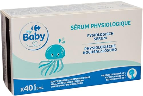 CARREFOUR BABY Sérum Physiologique Stérile pour Nez et Yeux - Format Pratique 40 Unidoses de 5 mL - Solution Nasale et Ophtalmique à 0,9% de Chlorure de Sodium - Lot de 4