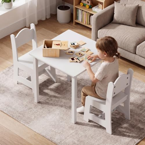 LEADZM Kindertisch mit 2 Stühlen，Kinder Tisch Stuhl Set，Kindersitzgruppe | Für 2 oder 4 Stühle geeignet – Multifunktionstisch für Basteln, Snacks, Spiel- und Babyzimmer (Weiß , mit 2 Stühlen)