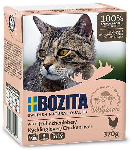 Bozita Appetizers in Jelly Wet Food with Chicken Liver in Tetra Recart 16 x 370 g - Grain-Free - Sustainably Produced Cat Food for Adult Cats - Complete Food