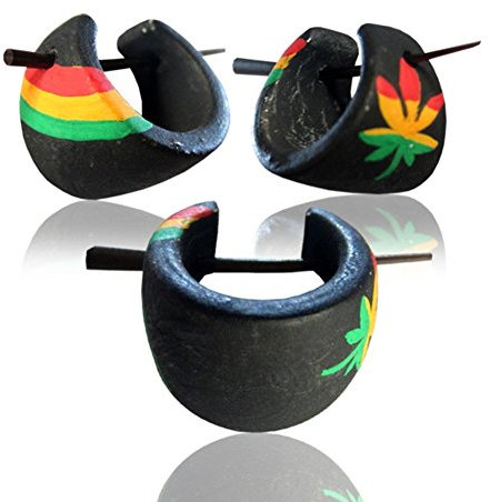 CHICNET Hanf Reggae Holzcreolen rot gelb grün Pin-Ohrringe Pin-Creolen Holz Horn Pin schwarz 16 mm