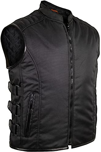 MDM Chaleco Biker de Tela – Negro, Cortaviento y Repelente al Agua, Laterales Ajustables, Hombros Acolchados, Bolsillos Interiores y Exteriores (FR/ES, Letras, XXL, Regular, Regular, Negro)
