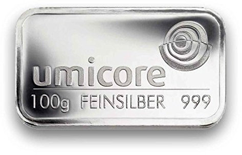 Silberbarren 100g von Umicore - 999 Feinsilber - einzeln in Folie sicher verpackt