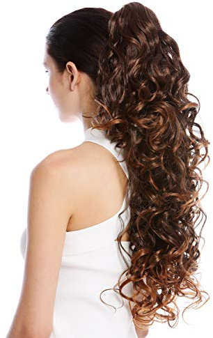 WIG ME UP - N1095-V-2T30 Haarteil Zopf Pferdeschwanz extrem lang und voluminös gelockt lockig Kastanie Braun Gesträhnt 65 cm
