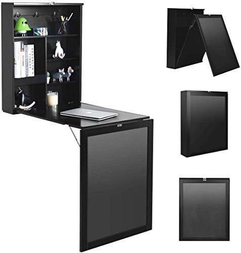 COSTWAY Mesa de Ordenador de Pared Plegable con Pizarra Estantería de Madera Escritorio para Trabajo Comedor Cocina (Negro)