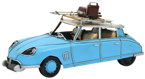 JS Garten Deko Blechauto Nostalgie Modellauto Oldtimer Marke Citroen DS 19 mit Dachgepäck Winter Urlaub aus Blech L 31 cm