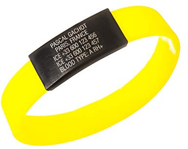 ICEstripe Notfall ID Armband Personalisierte Benutzerdefinierte Medizinische Alarm Armband mit Schwarz Edelstahlplatte inkl. Kostenlose Gravur nach Wunsch Sport ID (Team Gelb, 180)