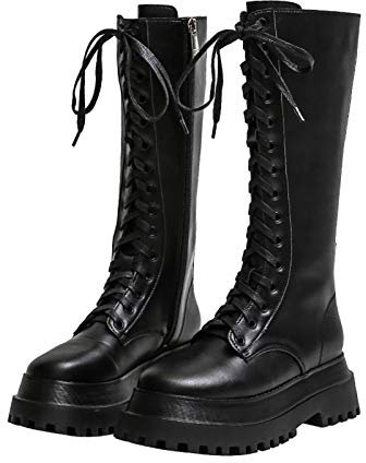 A metà Polpaccio Stivali da Donna Stringati di Pelle con Plateau Stivale al Ginocchio Retro Anfibi Biker Combattimento Stivaletti Alti,Nero,38 EU