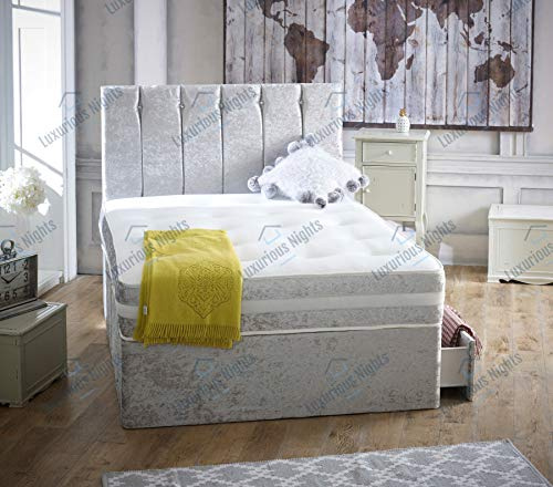 Luxurious Nights Crushed Velvet Divan Bed Set With Matching Border Memory Sprung Mattress and Free 20 Headboard (5FT King Size 1 Drawer Foot End, Silver)