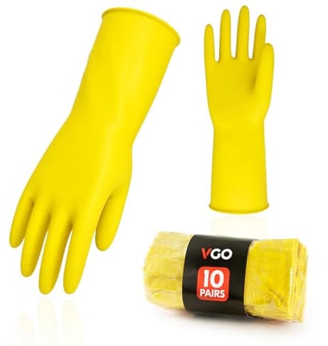 Vgo... 10Pairs Reusable Household Gloves,Rubber Dishwashing Gloves,Extra Thickness,Long Sleeves,Kitchen Cleaning/Working/Gardening(HH4601, Yellow, L, 10Pairs)