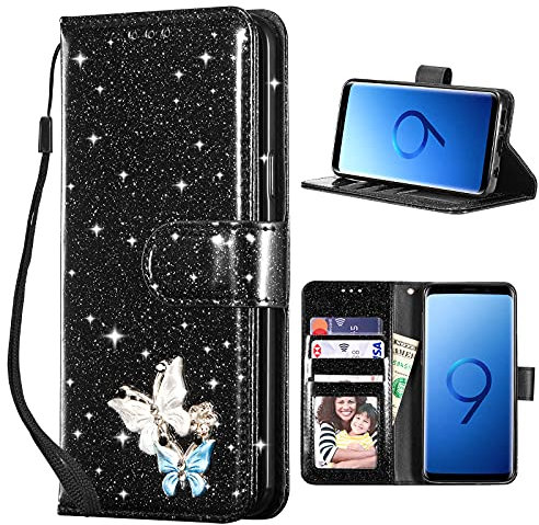 UEEBAI Klapphülle für Samsung Galaxy S9, PU Lederhülle Glitzer 3D Schmetterling Flip Cover Standfunktion mit Kartenfach Schutzhülle Diamant Glänzende Geldbörse Handschlaufe Etui - Schwarz
