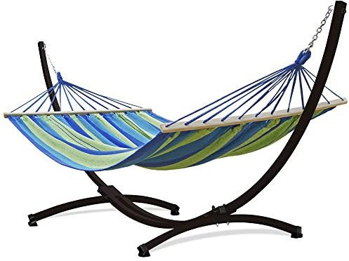 Potenza Outdoor Hängematte mit Gestell für 2 Personen I Stabhängematte XXL 220x160, 200kg I Hängemattengestell 220kg Wetterfest (Grün-Blau, Gestell Braun)