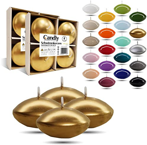 CANDLY HANDMADE© 4x Groß Schwimmkerzen Premium Ø 70mm | Geburtstag & Namenstag, Hochzeit, Hochzeitsempfang, Valentinstag, Ostern, Weihnachten, Elegante Haus Dekoration, Candles, Kerzen (Golden)