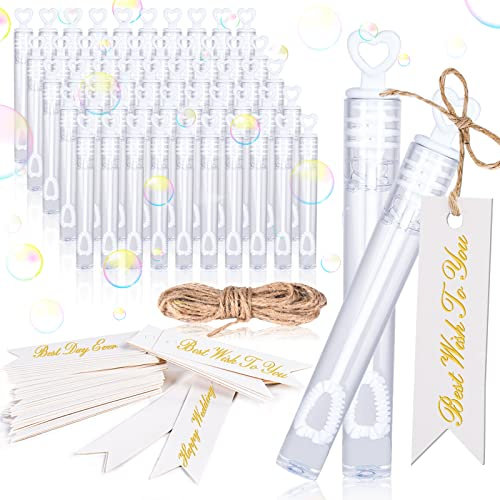 FORMIZON Seifenblasen Hochzeit Set, 50Pcs Mini Bubbles mit Herzgriff, Seifenblasen Spielzeug in weiß mit Sticker, befüllt Wedding Bubbles für Hochzeit Valentinstag Geburtstag Gastgeschenk (Anhänger)