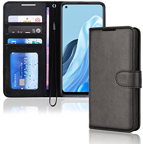 TECHGEAR Leather Wallet Case for Oppo Reno 7, Flip Protective Case Cover with Wallet Card Holder, Stand & Wrist Strap - Black PU Leather with Magnetic Closure for Oppo Reno 7 4G