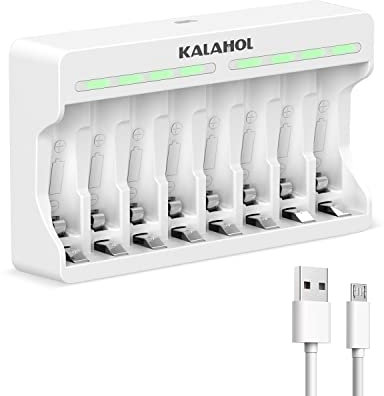 KALAHOL LCD 8 Slots Battery Charger for AA AAA Ni-MH Rechargeable Battery, 5V 2A Fast Charging Function, Micro USB Input, Intelligent Battery Detection Technology, Rechargeable AA AAA Battery Charger
