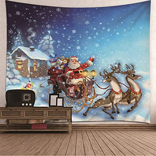 Wand Teppich Gothic, Wandbehang Vintage Hirsch Weihnachtsmann und Geschenke mit Schneeflocke Blau Rot Braun Weiß Polyester 150X130cm
