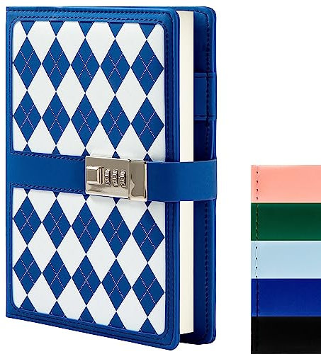 A5 Journal Notebook with Lock, Grid Stitching Refillable Diary for Women Kid, 288 Pages College Ruled Lined Paper (Blue)