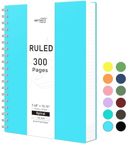 RETTACY B5 Notizbücher mit Spiralbindung, bunt, 150 Blatt/300 Seiten zum Schreiben, 100 g/m², College-liniertes Papier, flexibler Kunststoffeinband, für Damen, Herren, Arbeit, Büro, Schule, 19 x 25 cm