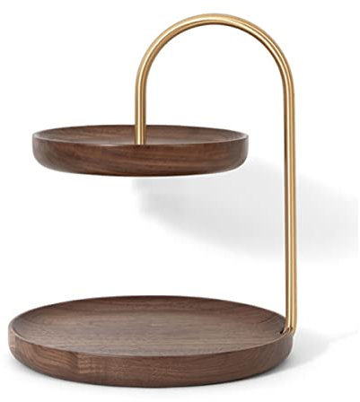 RETENA Bols à Fruits à 2 Niveaux, Palette en Bois de Noyer Massif, Porte-Assiettes Polyvalents en Laiton pour Bonbons, Fruits secs, Plateau à Bijoux pour la Maison, l'hôtel, Le Restaurant, Le Bar