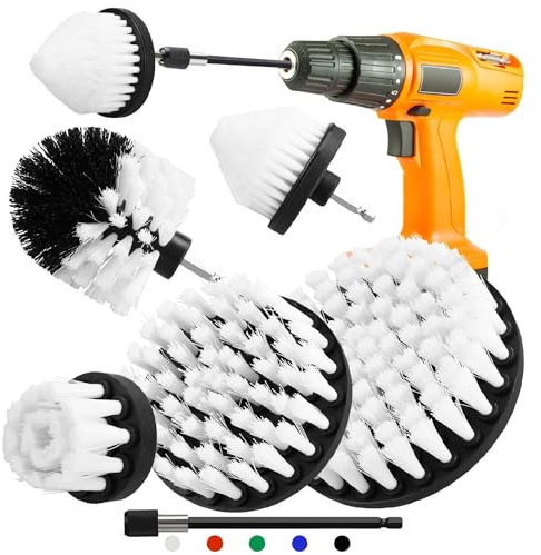 6pcs Drill Brush Attachment Set, 5pcs Scrubber Brushes with 1pcs Extend Long Attachment, Drill Scrub Brush for Cleaning Shower, Tub, Bathroom (White)