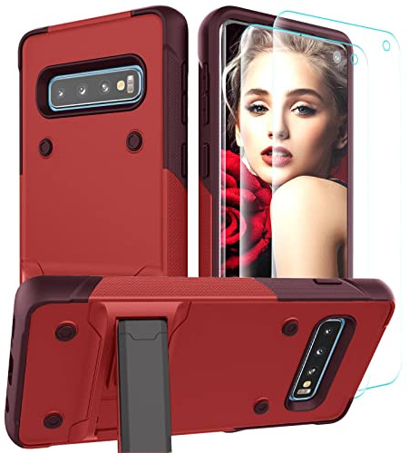 YmhxcY for Galaxy S10 Plus Case Samsung S10 Plus Cases with 2 Pack Self Healing Flexible TPU Film,[Military-Grade] Invisible Shockproof Kickstand Cover for Samsung Galaxy S10 Plus-Red/Rose red