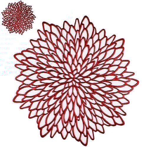 Snowkingdom 18 Pack Red Placemats Metallic Shiny Pressed Vinyl Dinning Round Table Mats Leaf Decoration for Christmas Valentine's Day Weddings Holiday Winter Celebrations