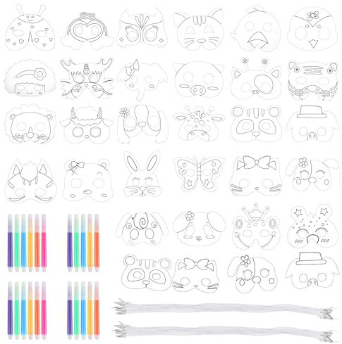 JSMTKJ Maske Filz Kinder, Tiermasken für Kinder Tiermasken Blanko Bemalen Masken für Party Kindergeburtstag Ostern Halloween Weihnachten Kunsthandwerk Kinder 32 Stücke