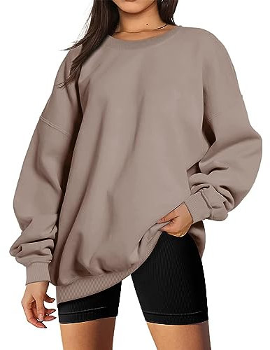 Timuspo Sweatshirt Damen Pullover Einfarbig Rundhalsausschnitt Langarm Sweater Herbst Winter Lässig Locker Tops Sport Streetwear Sweatshirts ohne Kapuze Shirt Oberteile, Hellbraun, XL