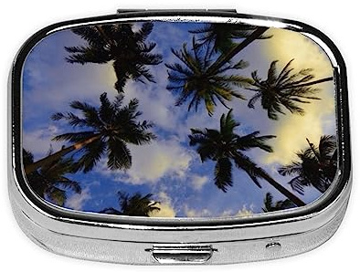 Pilulier portable en métal avec motif palmiers pour poche ou sac à main, organiseur décoratif pour médicaments, vitamines, etc