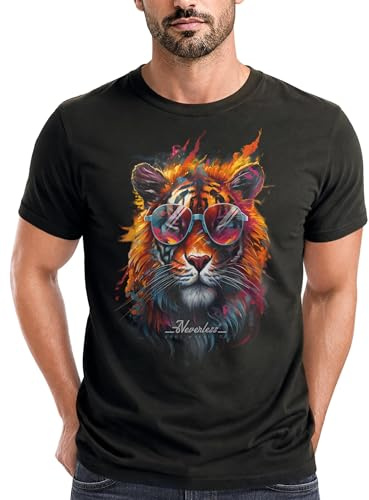 Neverless® Herren T-Shirt Tiger Print Aufdruck Flammen Sommer Sonnenbrille Kunst Fashion Streetstyle Anthrazit M