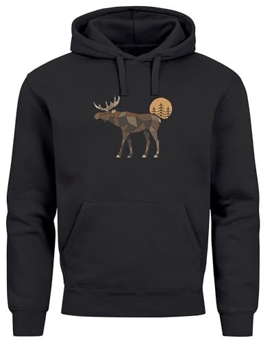 Neverless® Hoodie Herren mit Aufdruck Polygon Elch Outdoor Motive Wandern Natur Wald Fashion schwarz S
