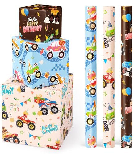 WERNNSAI Monster Truck Geschenkpapier–3 Rollen 43 cm x 3 m Geburtstags Fahrzeuge Geschenkpapier Kinder Racing Geschenkpapier Rolle Geschenkpapier Auto Jungs Geschenkpapier mit Schnittlinien