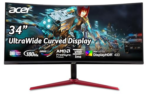 Acer Nitro 3440 x 1440 1500R - Monitor da gioco curvo da 86,4 cm (34), UWQHD, AMD FreeSync Premium, aggiornamento fino a 180 Hz, 1 ms (VRB) | 400nit | DisplayHDR 400 | 1 x DP 1.4 e 2 x HDMI 2.0 |