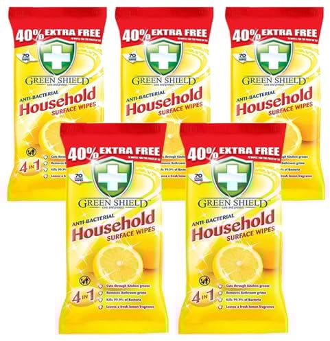 Green Shield Lemon Scent Wipes Antibacterial Antiviral Multipurpose Cleaning Disinfectant Wipes 350 For | Household | Schools | College | Commercial Business | Travel | Hospital | (5 Packs)