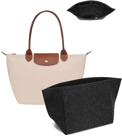 Umiup Purse Organizer Insert for Longchamp Le Pliage M Handbag Insert, Felt Handbag Organizer Insert Large Tote with Cup Holder, Bag Organizer with Zipper,8 Compartments(Dark Grey,M10.23*7.87*5.12in)