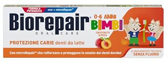 Biorepair, Dentifricio Bimbi 0-6 anni, 12 Confezioni da 50 ml, Dentifricio Biorepair per Bambini Senza Fluoro Gusto Pesca, Anticarie, per Gengive Sane