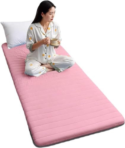 Matelas De Sol Simple avec Sac De Rangement sous Vide Réutilisable - Tapis De Tatami Japonais Matelas Futon en Coton Roulable Lit D'appoint Pliable Dortoir étudiant (90x190CM,Rose)