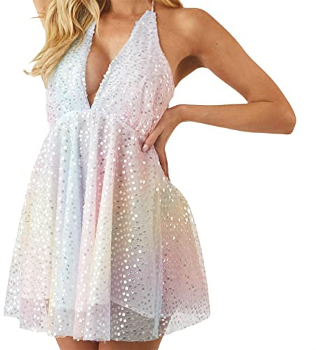 Qianderer Damen Sparkly Pailletten Minikleid Glitzer Glänzend Tiefer V-Ausschnitt Ärmelloses Kleid Tie Up Rückenfrei A-Linie Kleid Tiered Party Rave Clubwear, bunt, S