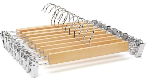 KROWN - 6 Perchas de Madera Natural con Clips Antideslizantes y Ganchos Giratorios, Robusta y Brillante, Ideal para Pantalones, Shorts, Faldas, Calcetines y Ropa Interior