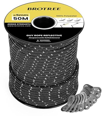BROTREE Abspannseile Camping 50m Zeltschnur mit 10 x Spanner 5mm Reflektierend Abspannseile mit Seilspanner für Zelt Camping Sonnensegel Vorzelt (Schwarz)
