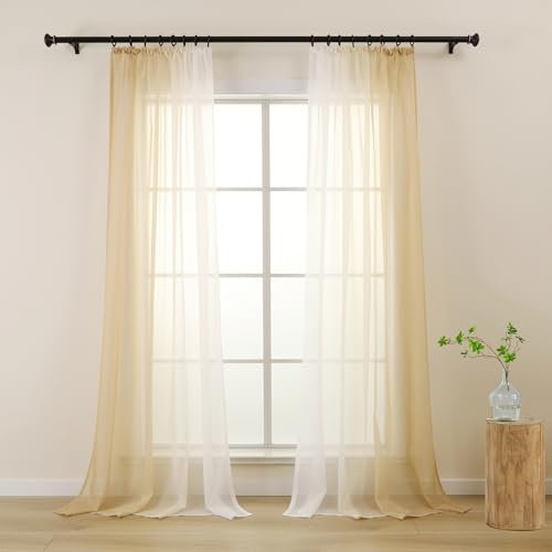 L.Z.E Gardine mit Kräuselband, Transparente Vorhänge Beige Weiß Farbverlauf für Wohnzimmer Schlafzimmer, 140 x 225 cm Lang, 2er Set Voile Gardinenschals für Schienensystem Schiene, Dekorativ