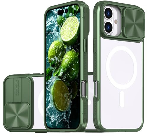 OUBELI Magnetische Hülle für iPhone 16 Kompatibel mit MagSafe mit [Schiebbarer Kameraschutz] Transparente, Stoßfeste und Kratzfeste Hülle - grün