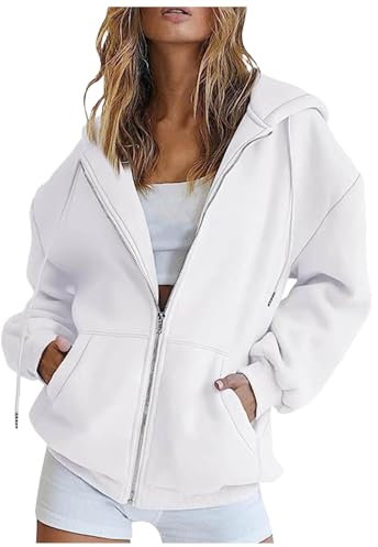 Generico Felpa Donna con Cappuccio E Zip Giacca Sportiva Leggero Hoodie Cotone Manica Lunga Sweatshirt Aperto con Tasche E Cerniera Felpe Casual Primavera Autunno Tinta Unita Giacca Streetwear
