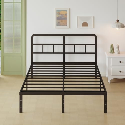 Lutown-Teen Black Double Bed Frame 4ft 6 with Curved Headboard, Heavy Duty Metal Bed Frames Double with Steel Slats, 36 cm High, Ample Storage Underneath, Noise Free, Easy Assembly
