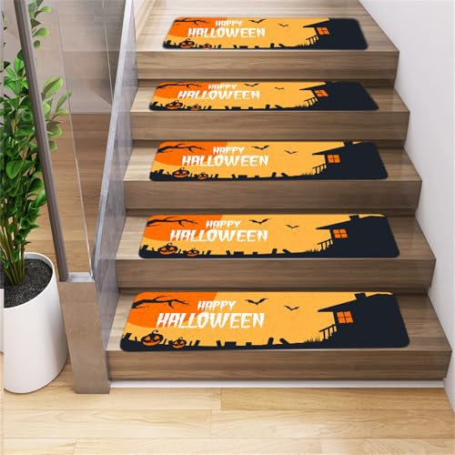 Surwin Halloween Stufenmatten rutschfest Treppenstufen Matten mit Klassischem Muster, Weich Rechteckig Innen Stufenteppich Gummirücken Treppenteppich Stufenteppich Treppenmatten (5 Stück,Gelb)