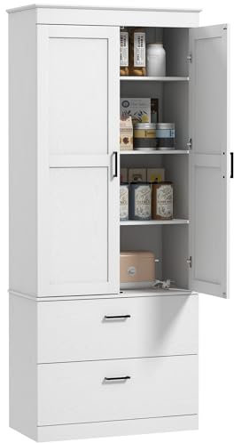 HOMCOM Küchenschrank, Hochschrank mit verstellbaren Regal, Schublade, Buffetschrank Aufbewahrungsschrank mit Landhaus-Stil Vitrinenschrank für Esszimmer Küche 75x39x178 cm Weiß