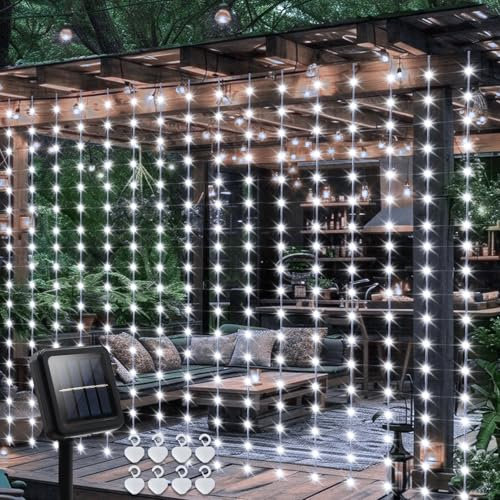 DBFAIRY Solar-Vorhanglichter für den Außenbereich, 2,4 m x 1,8 m, 144 LEDs, wasserdicht, mit Timer, 8 Modi, für Garten, Terrasse, Zaun, Pavillon, Dekor (Kaltweiß)