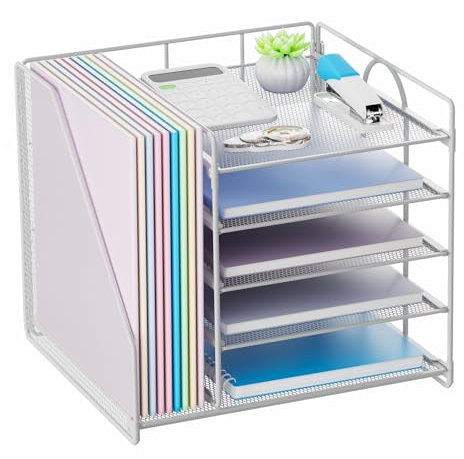 Restorgan Desk Organiser with File Holder, 5 Tiers Paper Letter Tray Organiser, Desktop Organiser and Storage, Mesh Desk Organisers and Accessories for Home Office Supplies (Whtie)